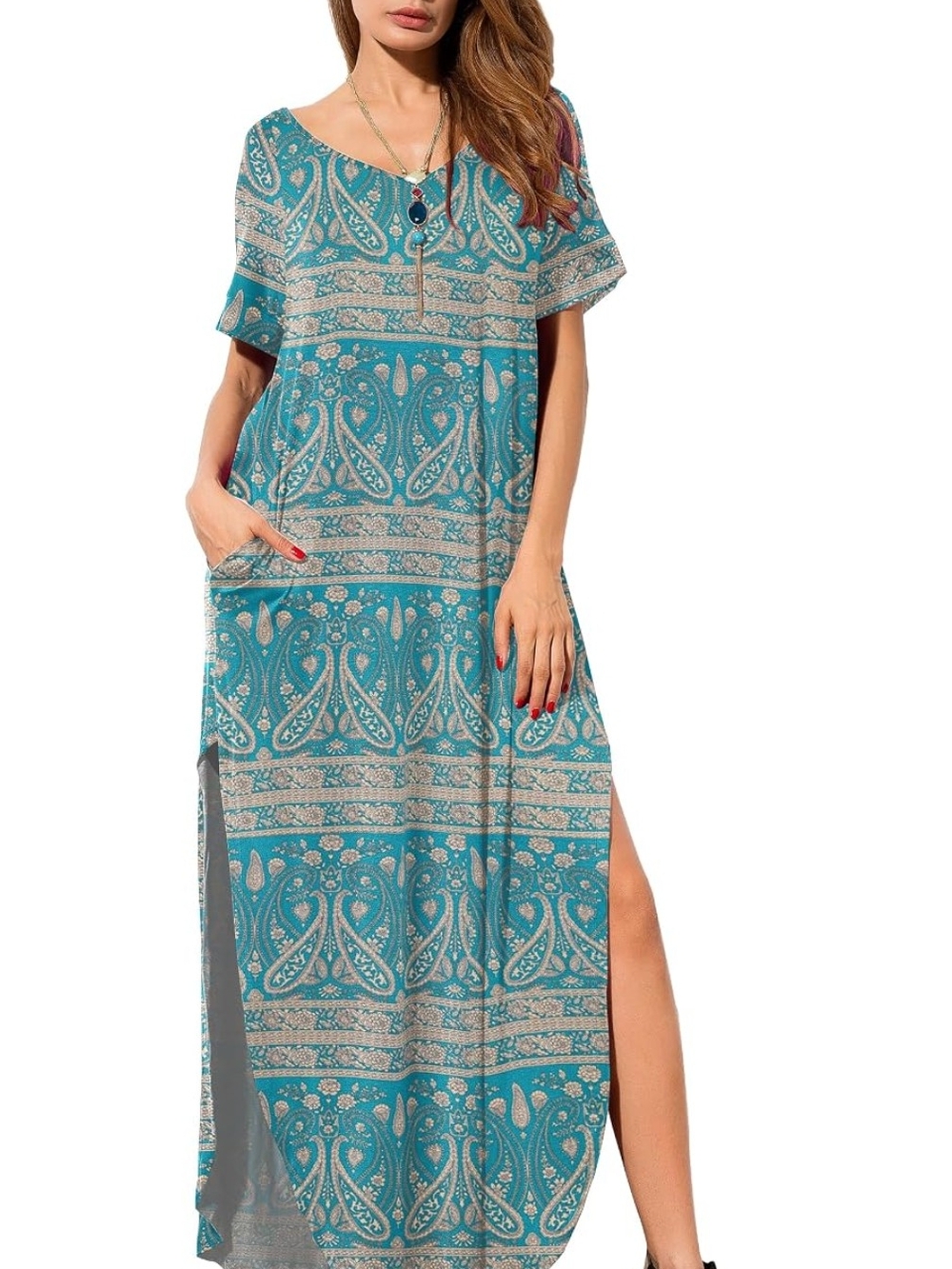 Teal Paisley Short-Sleeve Maxi Dress